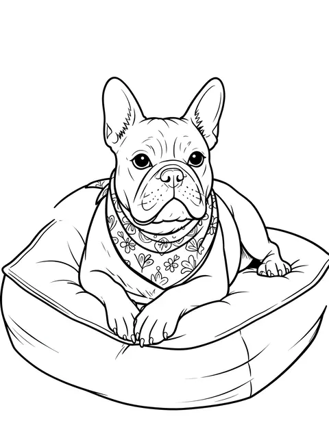 Black and white line art of a French bulldog with a bandana lying on a plush cushion