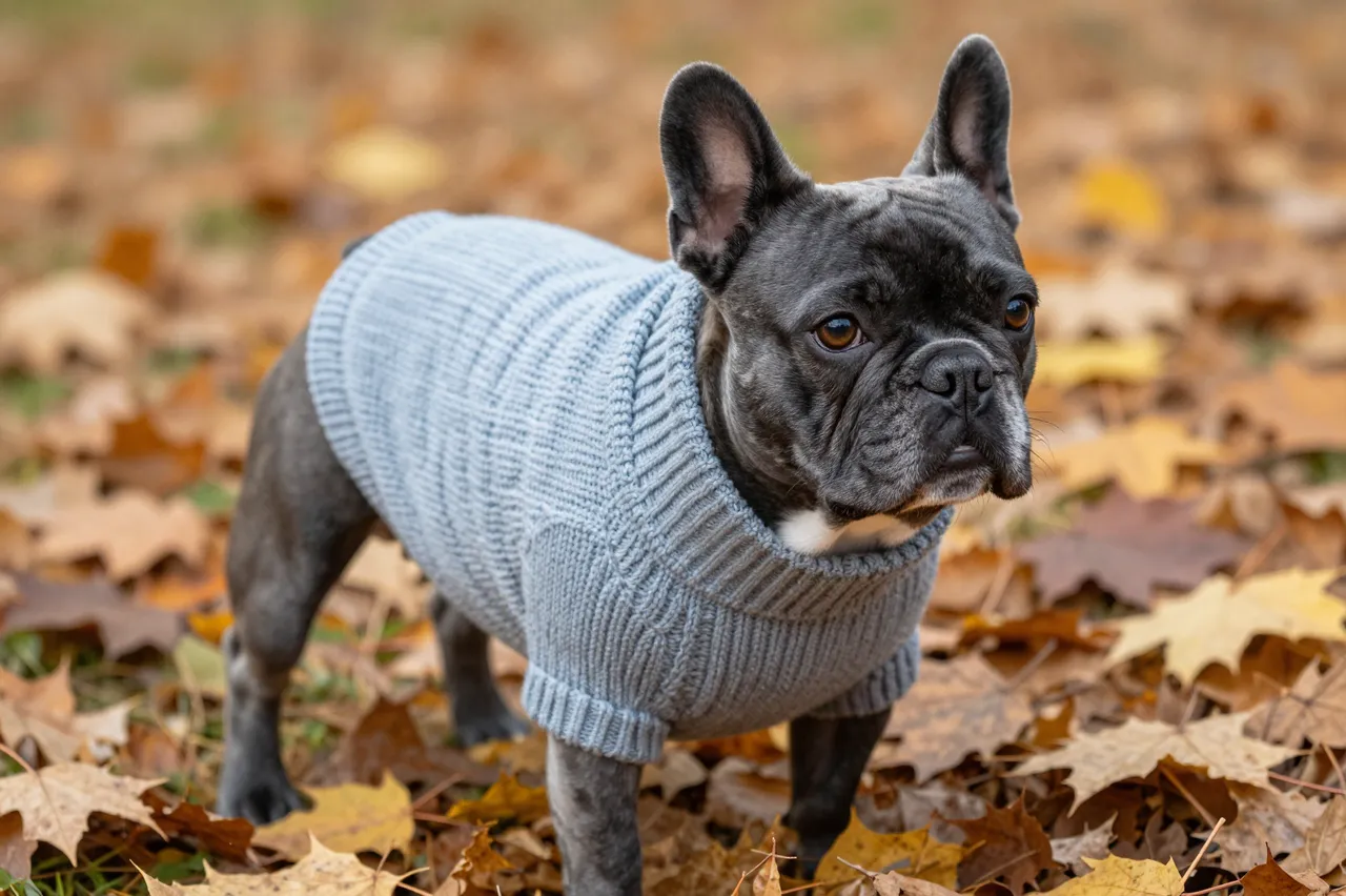 Blue French bulldog wearing a light knitted sweater stands on fallen autumn leaves.