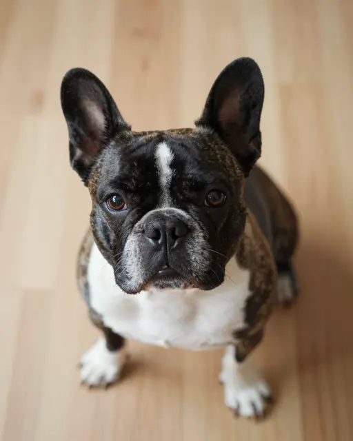 A brindle, white, and black French bulldog sits on a light wooden floor looking up at the camera.