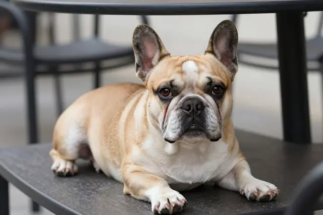 A fawn and white French bulldog with upright ears lies on a cafe chair under an outdoor table, looking at the camera.