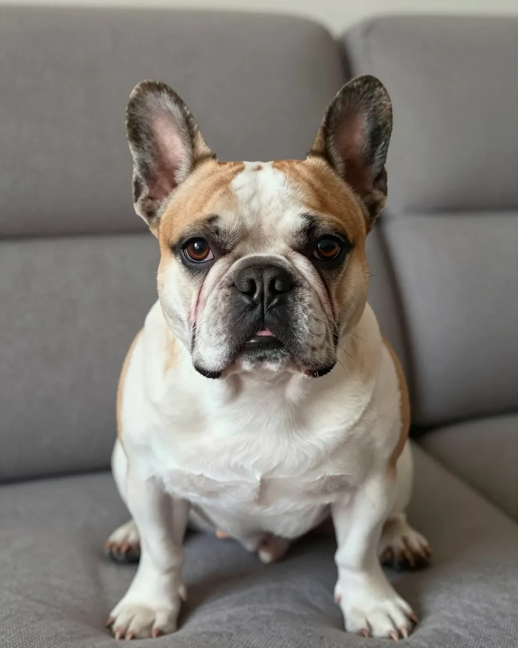 A fawn and white French bulldog sits upright on a gray sofa looking directly at the camera