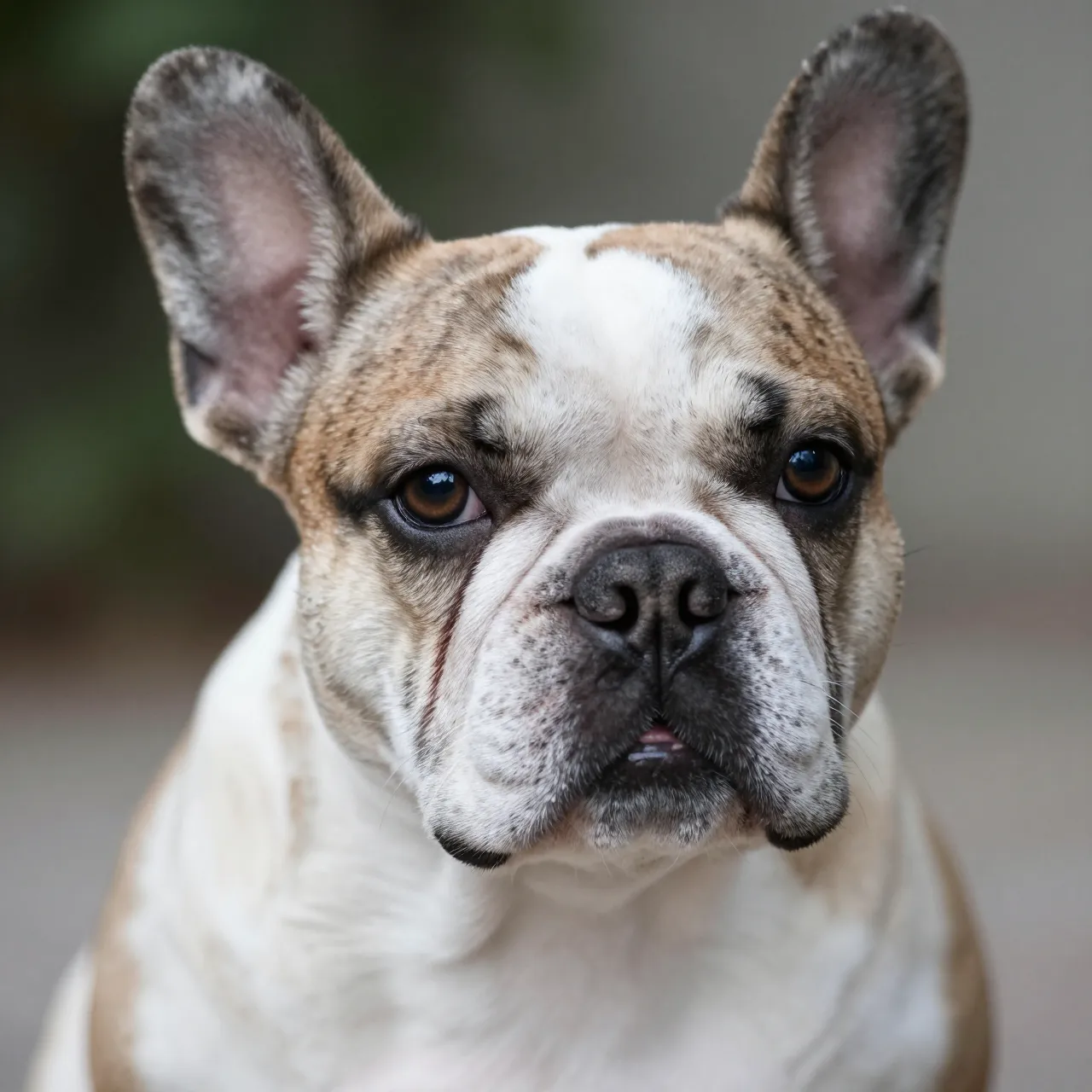 Close-up portrait of a fawn and white French bulldog puppy looking directly at the camera