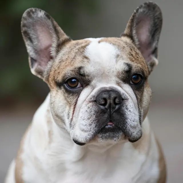 Close-up portrait of a fawn and white French bulldog puppy looking directly at the camera