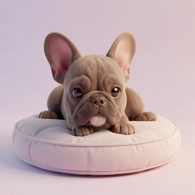 Cute 3D rendered French bulldog puppy lies on a soft round pale pink cushion against a pastel gradient background.