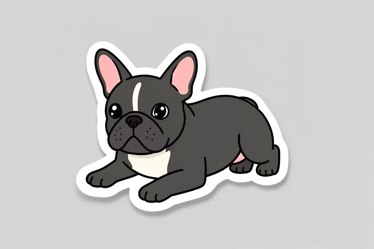 Cute die-cut sticker of a french bulldog lying on its tummy on a light gray background