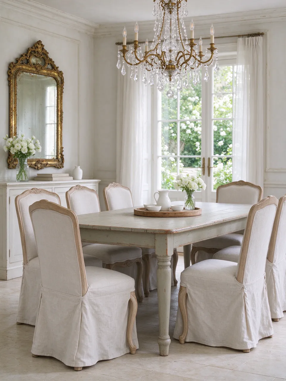 Bright sunlit French country dining room with linen chairs, crystal chandelier and garden view through windows