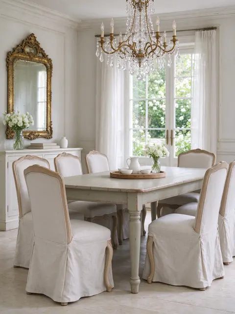 Bright sunlit French country dining room with linen chairs, crystal chandelier and garden view through windows