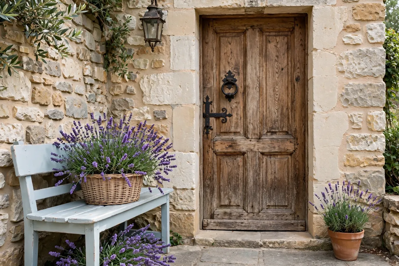 Rustic stone cottage entry with an old oak door, painted bench, and lavender arrangements.