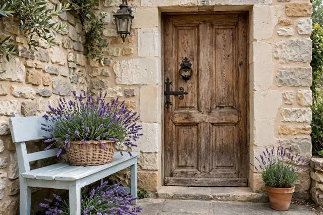 Rustic stone cottage entry with an old oak door, painted bench, and lavender arrangements.