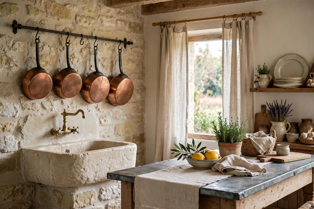 Rustic French country kitchen with stone sink, hanging copper pans and linen curtains beside a window