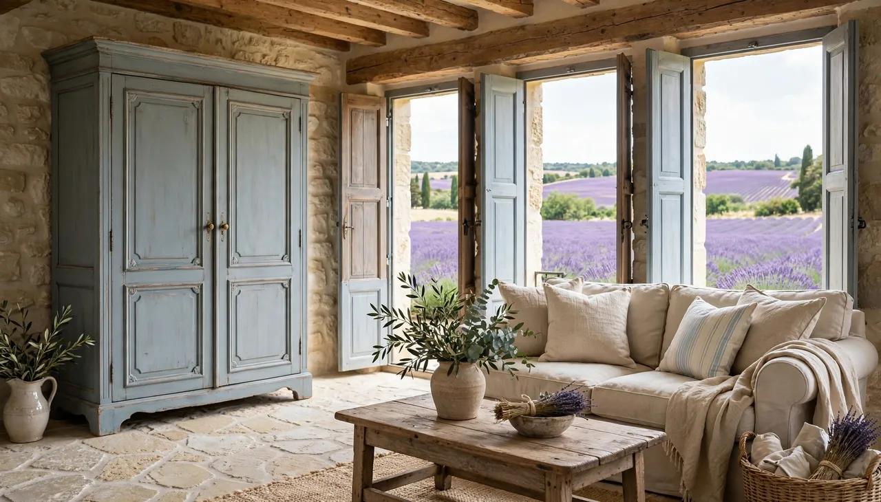 Bright french country living room with open shutters overlooking purple lavender fields