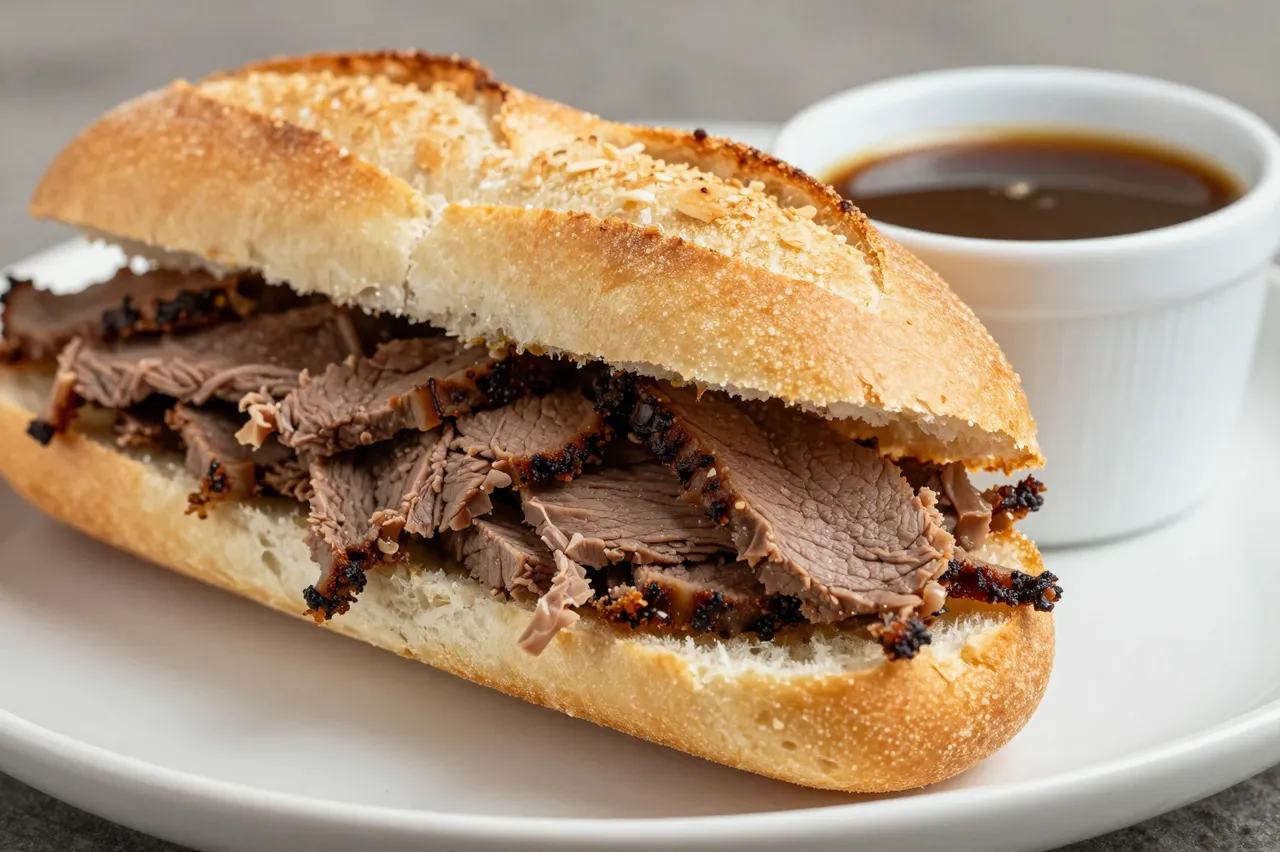 A french dip roast beef baguette sits next to a small white cup of dipping jus on a plain white plate.