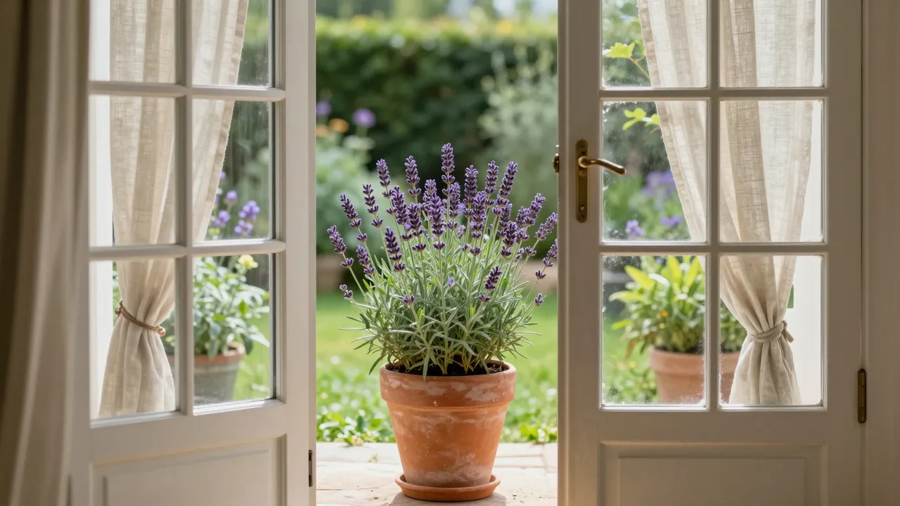 Potted lavender sits on the threshold between open French doors overlooking a sunlit garden