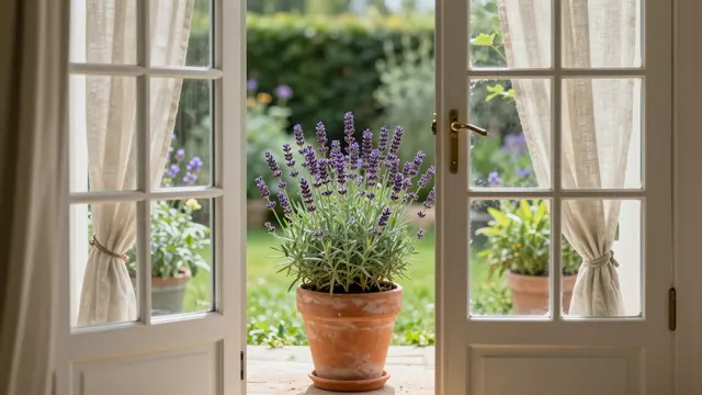 Potted lavender sits on the threshold between open French doors overlooking a sunlit garden