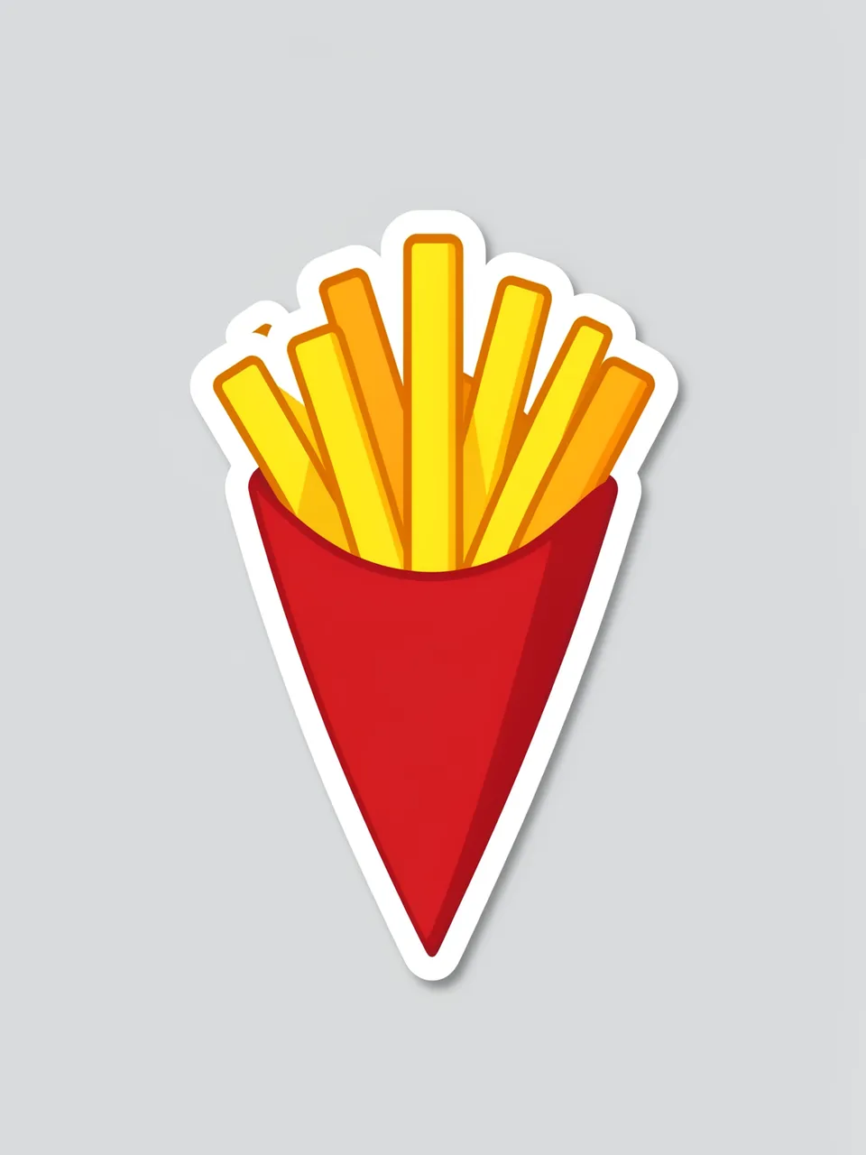 Flat illustration sticker of golden French fries in a red paper cone with a white border on a light gray background