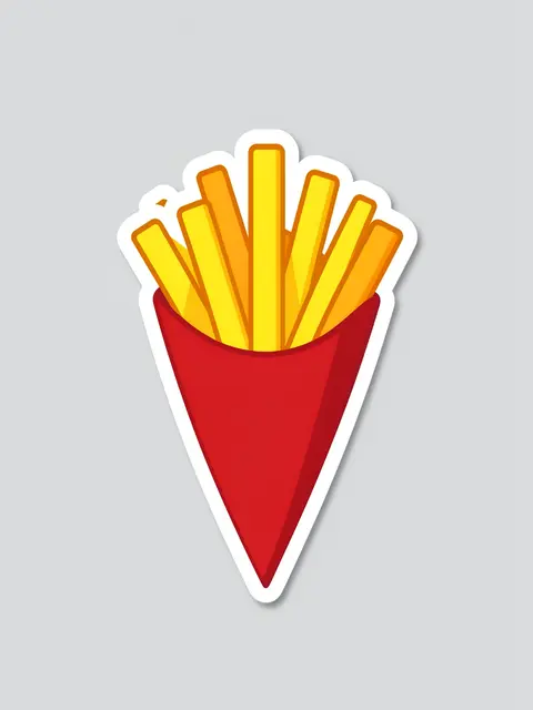 Flat illustration sticker of golden French fries in a red paper cone with a white border on a light gray background