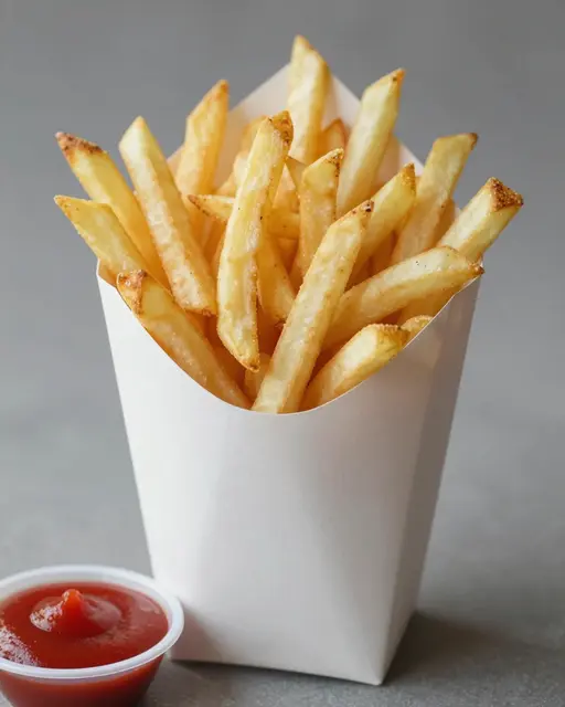 Crispy golden french fries in a plain white paper container next to a small cup of red ketchup on a gray surface