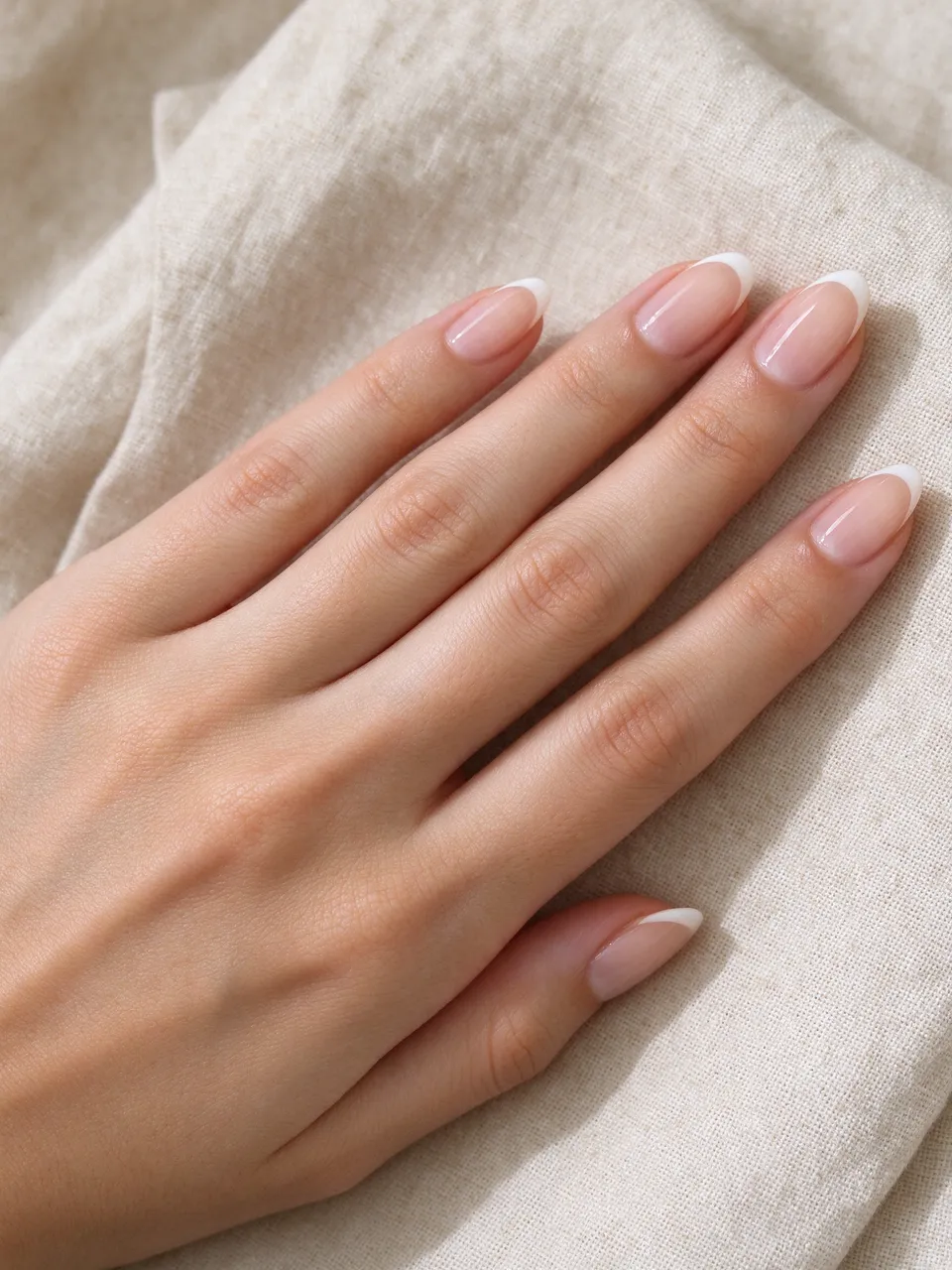A hand with neat almond French tip nails rests on soft beige linen fabric