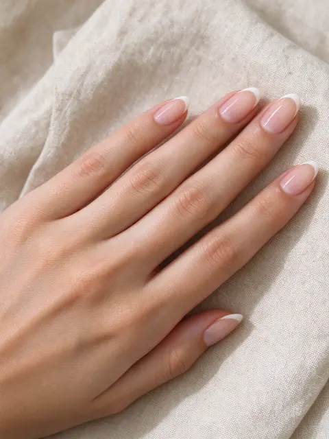 A hand with neat almond French tip nails rests on soft beige linen fabric