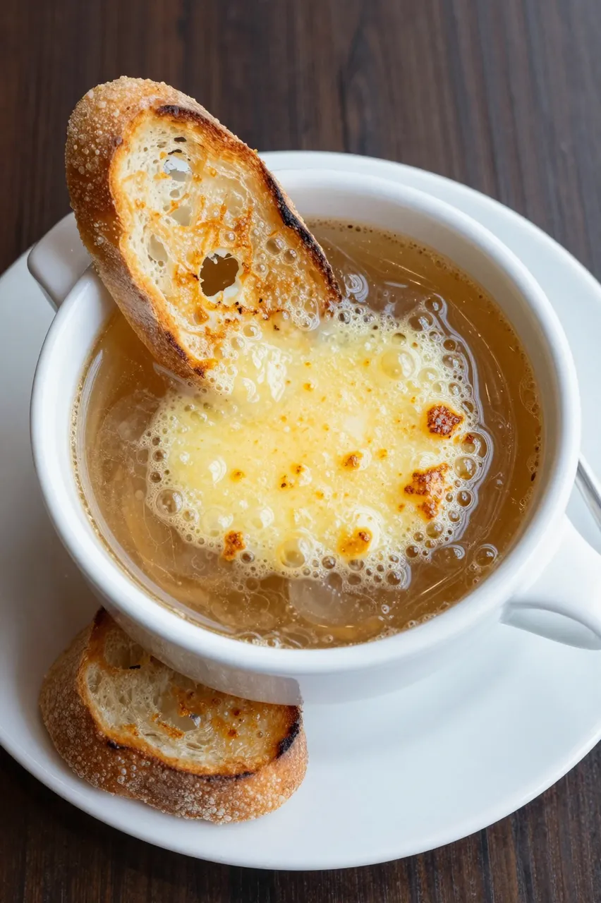 Overhead view of French onion soup in a white crock with toasted baguette and melted gruyere on a dark wood table