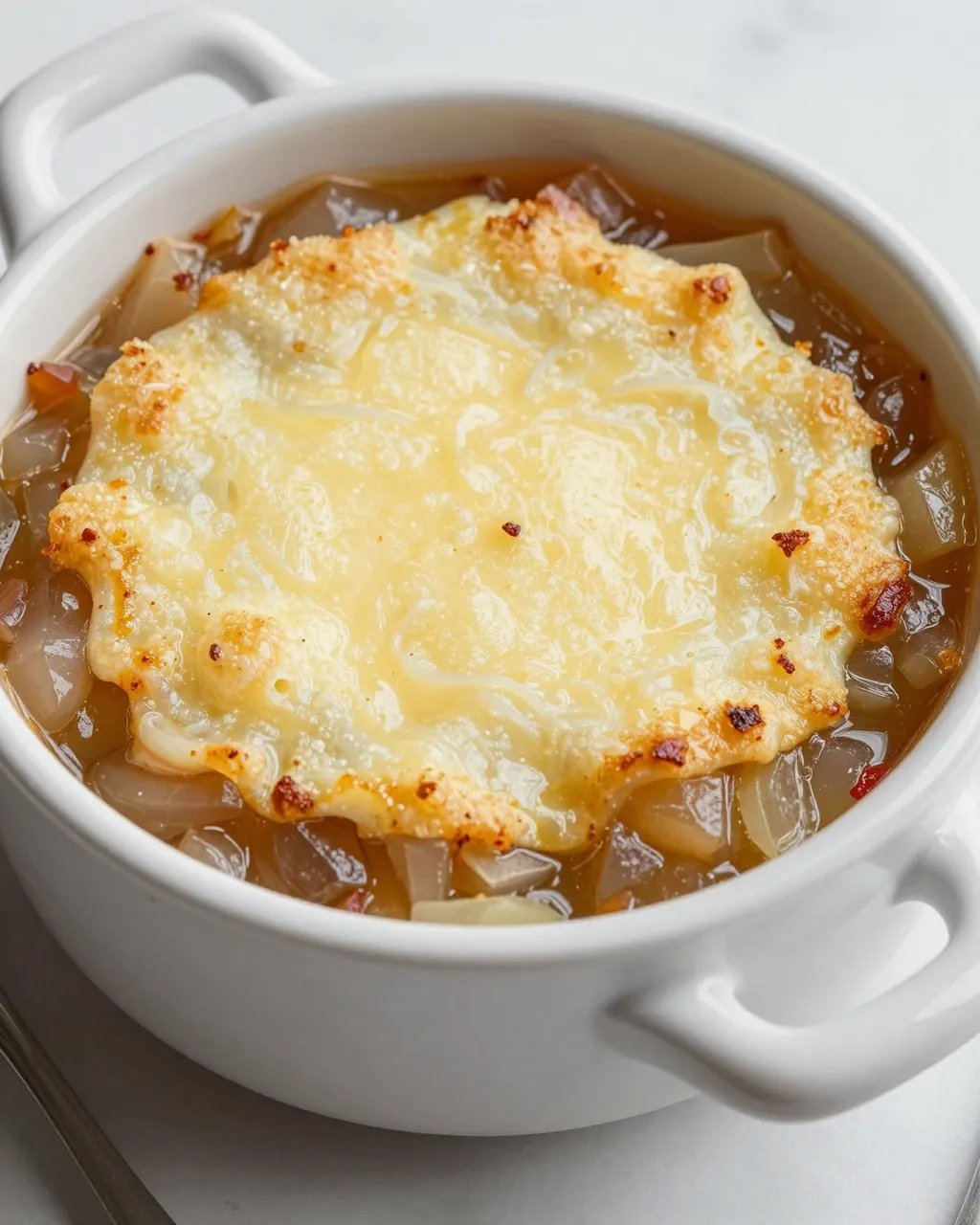 Close-up of french onion soup with melted gruyere crust in a white ceramic crock on a light countertop