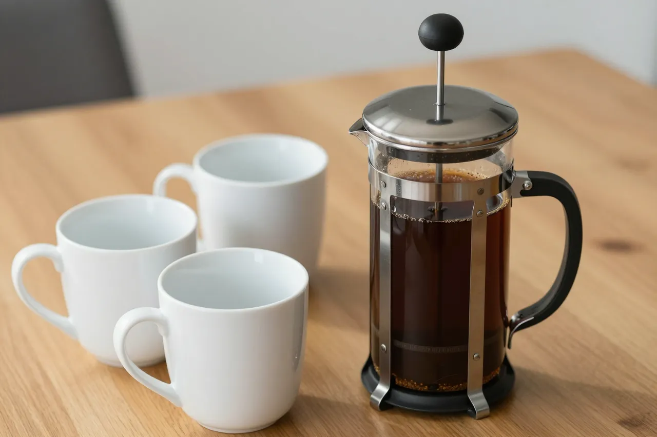 Glass french press of dark brewed coffee sits next to empty white mugs on a light wooden table.