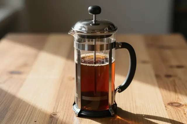 A glass french press filled with brewed coffee sits on a sunlit wooden table