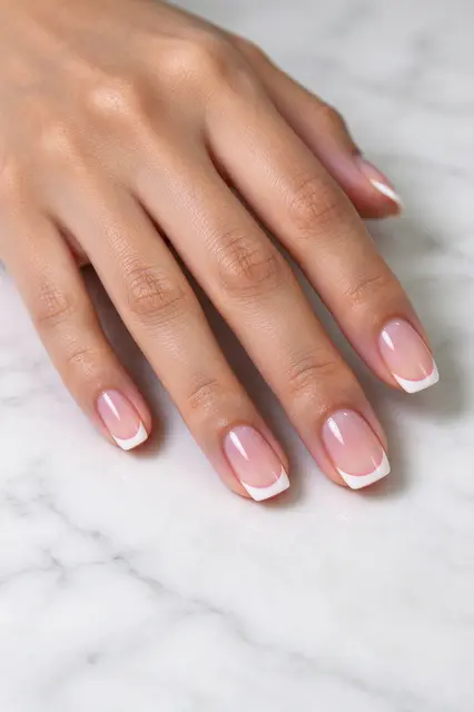 A woman's hand with crisp short squoval French tip nails rests on white marble