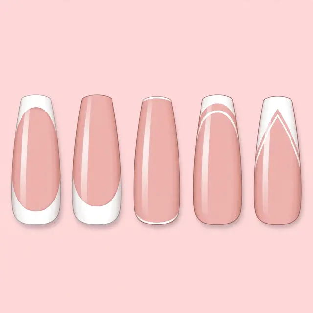 Five coffin shaped nail tips displaying different French manicure styles on a soft pink background