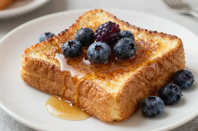 Thick cut french toast topped with fresh blueberries, a blackberry, and drizzled maple syrup on a white plate