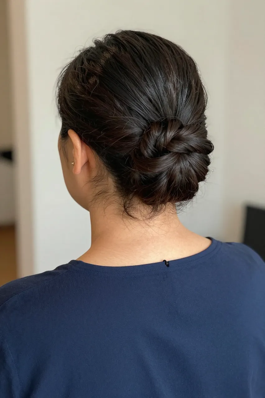 Back view of a woman showing a neat French twist hairstyle and navy blouse