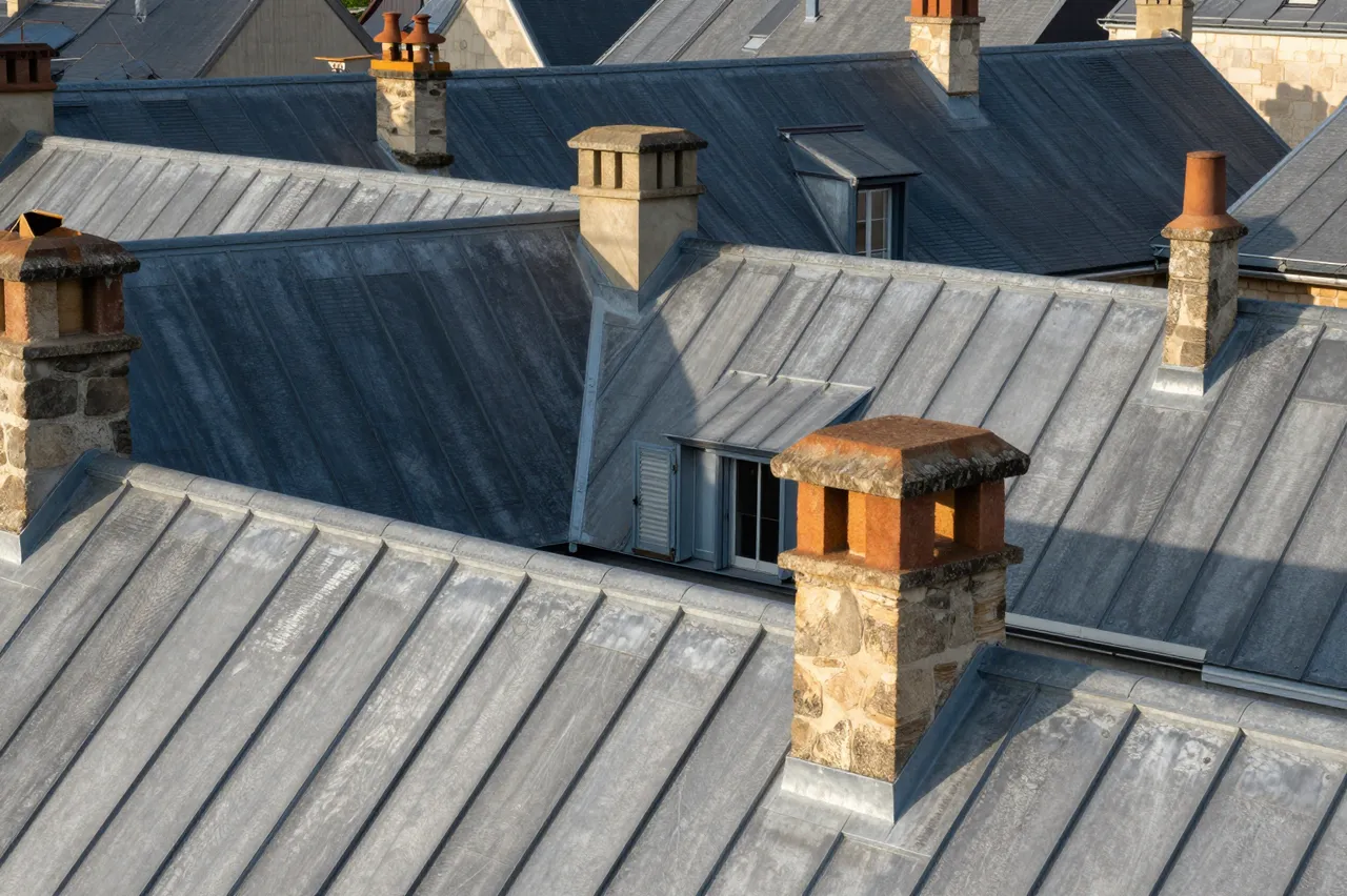 A high-angle view of overlapping weathered gray zinc rooftops with stone chimney pots lit by warm sunrise light