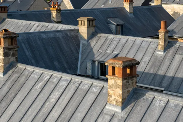 A high-angle view of overlapping weathered gray zinc rooftops with stone chimney pots lit by warm sunrise light
