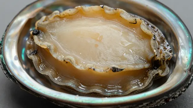 Close-up macro view of raw abalone resting inside its iridescent blue-green abalone shell