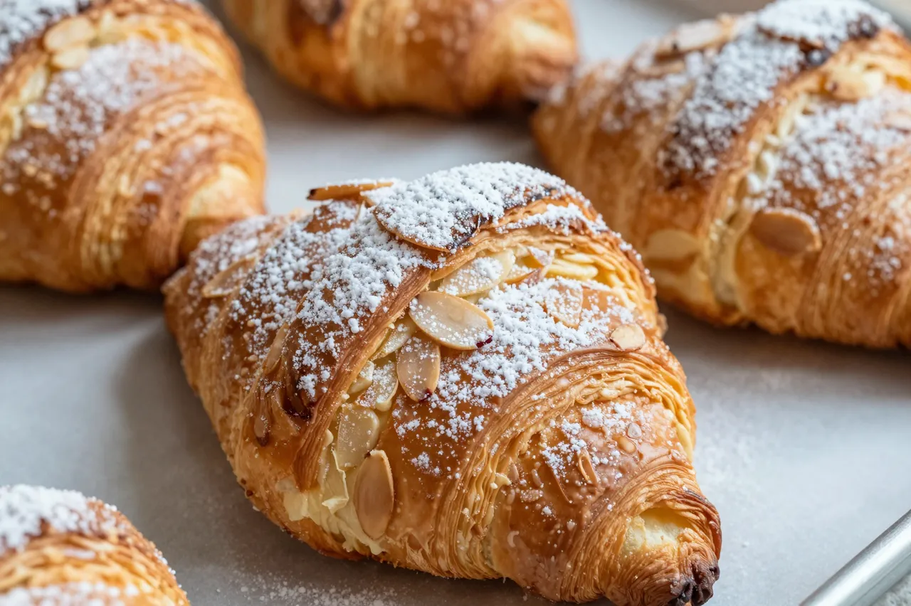 Close-up of golden flaky almond croissants dusted with powdered sugar and topped with sliced almonds on parchment lined