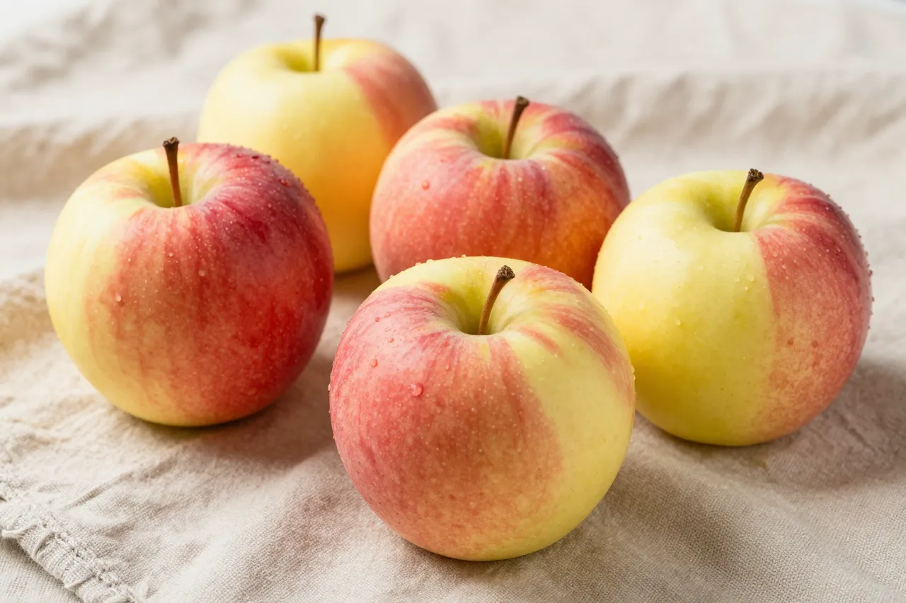 Five blushing red and yellow apples dotted with water droplets rest on a soft rustic linen cloth