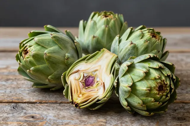 Whole and halved fresh artichokes arranged on a weathered rustic wooden table