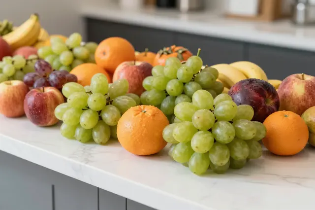 Colorful assortment of fresh ripe fruit arranged on a white marble kitchen countertop