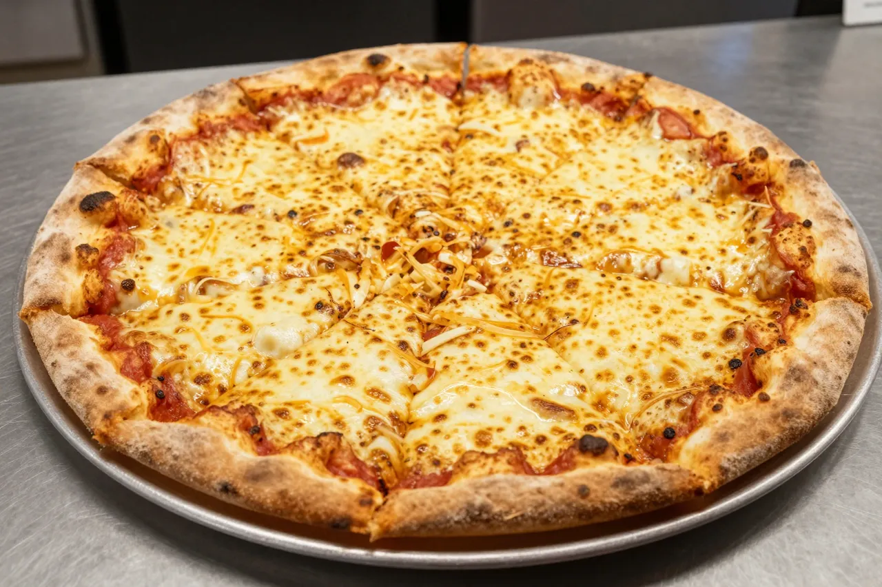 Whole thin crust cheese pizza rests on a round silver tray atop a stainless steel pizzeria counter