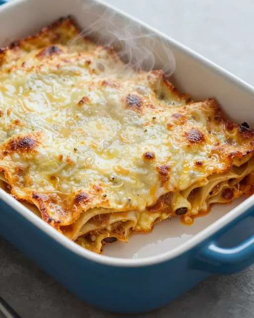 Steaming freshly baked lasagna with a portion removed sits in a blue and white enamel baking dish