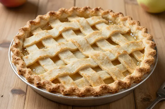 Golden lattice crust apple pie rests in a metal pan on a wooden table with whole apples in the background