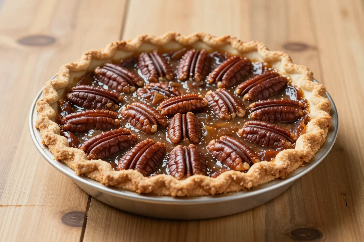 Whole pecan pie with decorative nut topping rests in a metal pan on a light wooden table