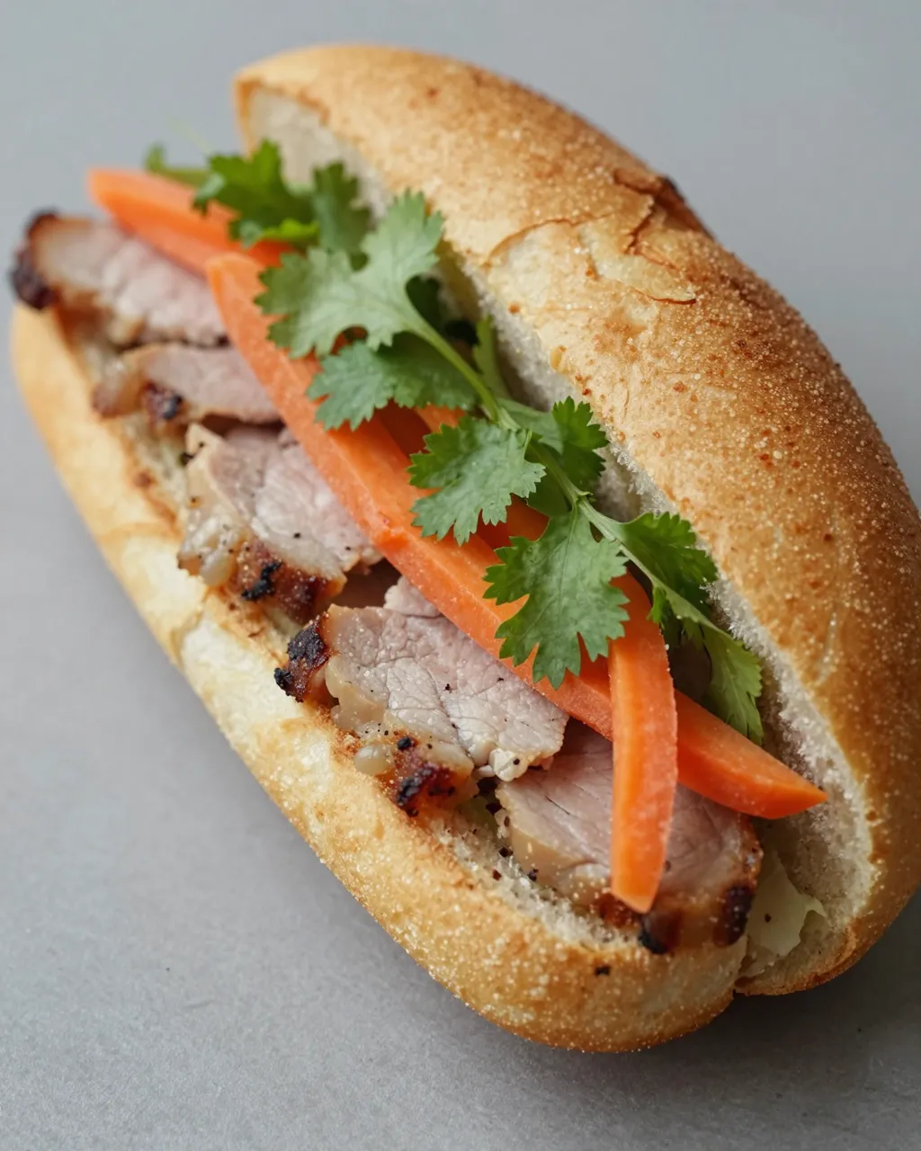 Close-up of a banh mi sandwich filled with roasted pork, pickled carrot strips and cilantro on a gray matte surface