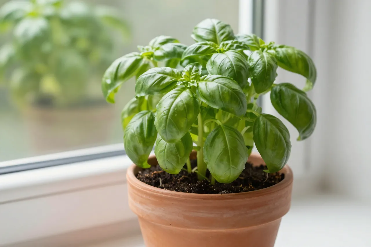 A lush fresh basil plant grows in a terracotta pot placed on a bright windowsill
