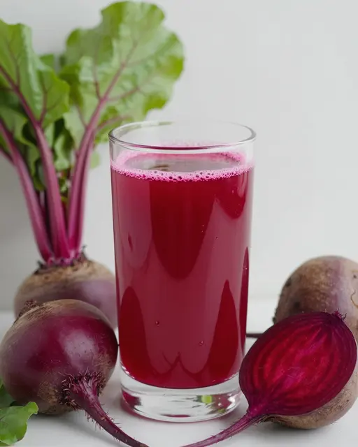 A glass of vibrant deep red beet juice sits surrounded by whole and halved fresh beets on a light surface