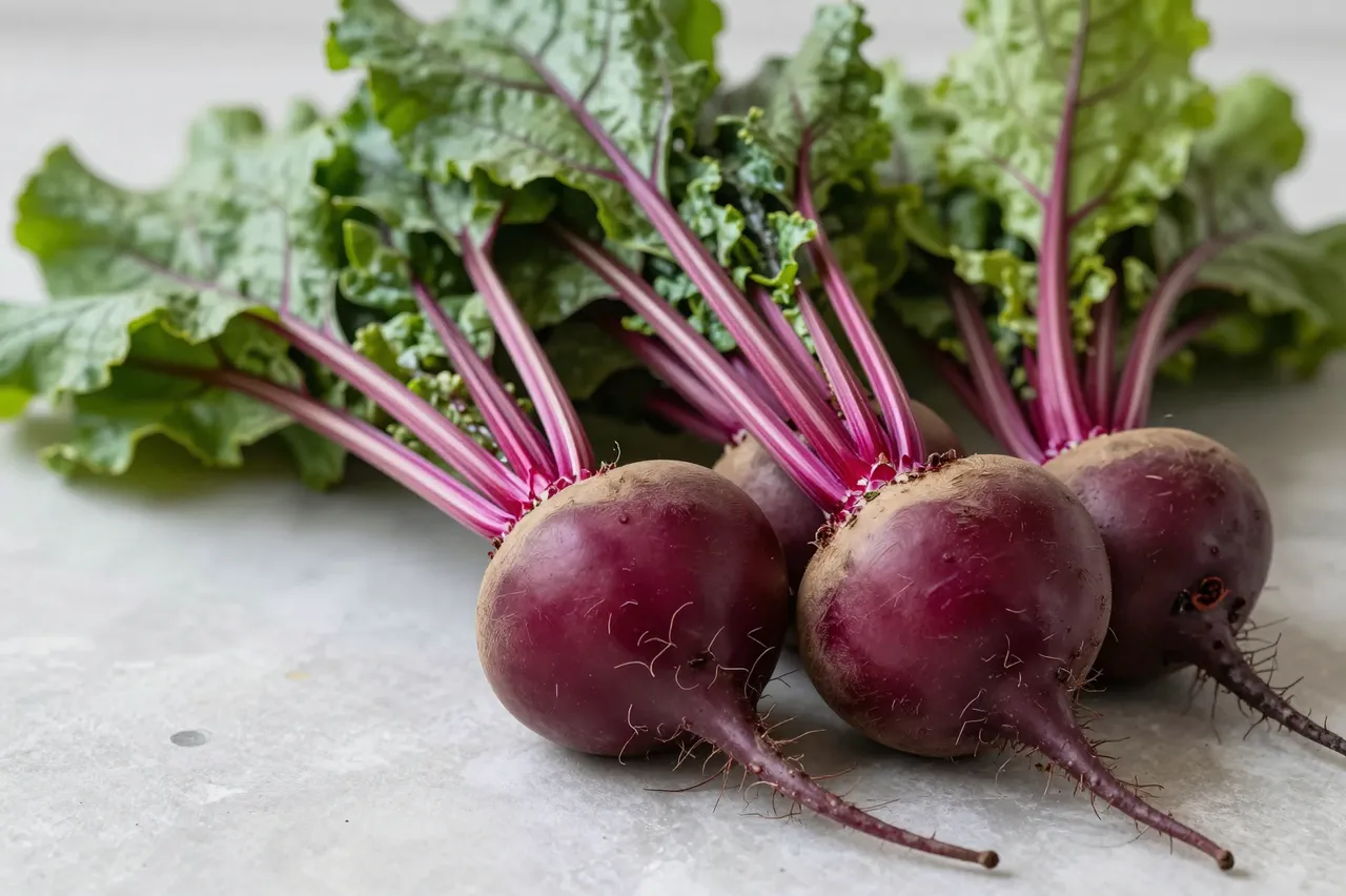 Whole fresh beets with vibrant green leafy tops rest on a light gray table surface