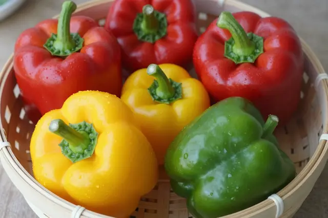 Red, yellow and green fresh bell peppers dotted with water droplets sit in a woven bamboo basket.