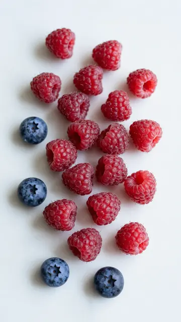 Raspberries and blueberries scattered neatly across a pale white marble surface