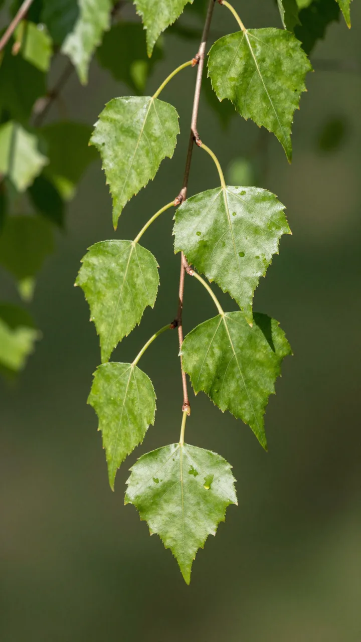 Sunlit fresh green birch leaves hang from a slender twig against a soft blurred dark green background