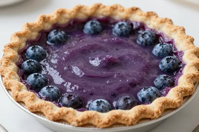 A close-up view of a baked blueberry pie with glossy purple filling topped with whole fresh blueberries